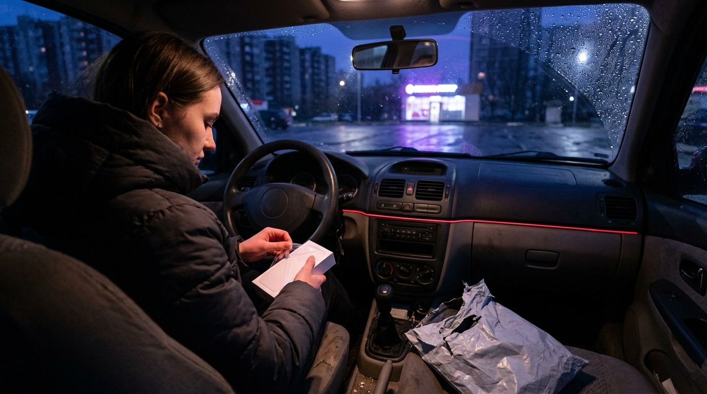 Девушка в машине у пункта выдачи снимает плёнку с коробки нового телефона