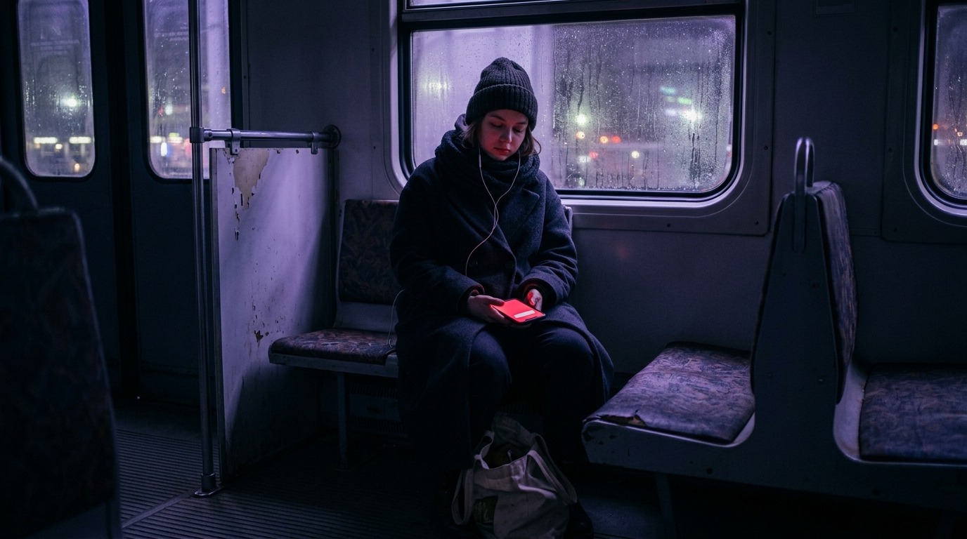 Девушка дремлет в вечерней электричке, телефон у неё на коленях вспыхнул малиновым уведомлением