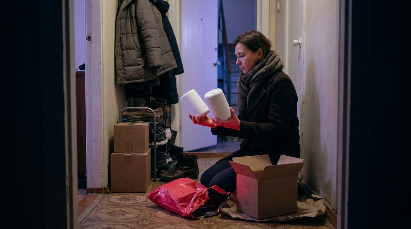Продавщица в прихожей сравнивает свой увлажнитель с таким же, купленным у конкурента