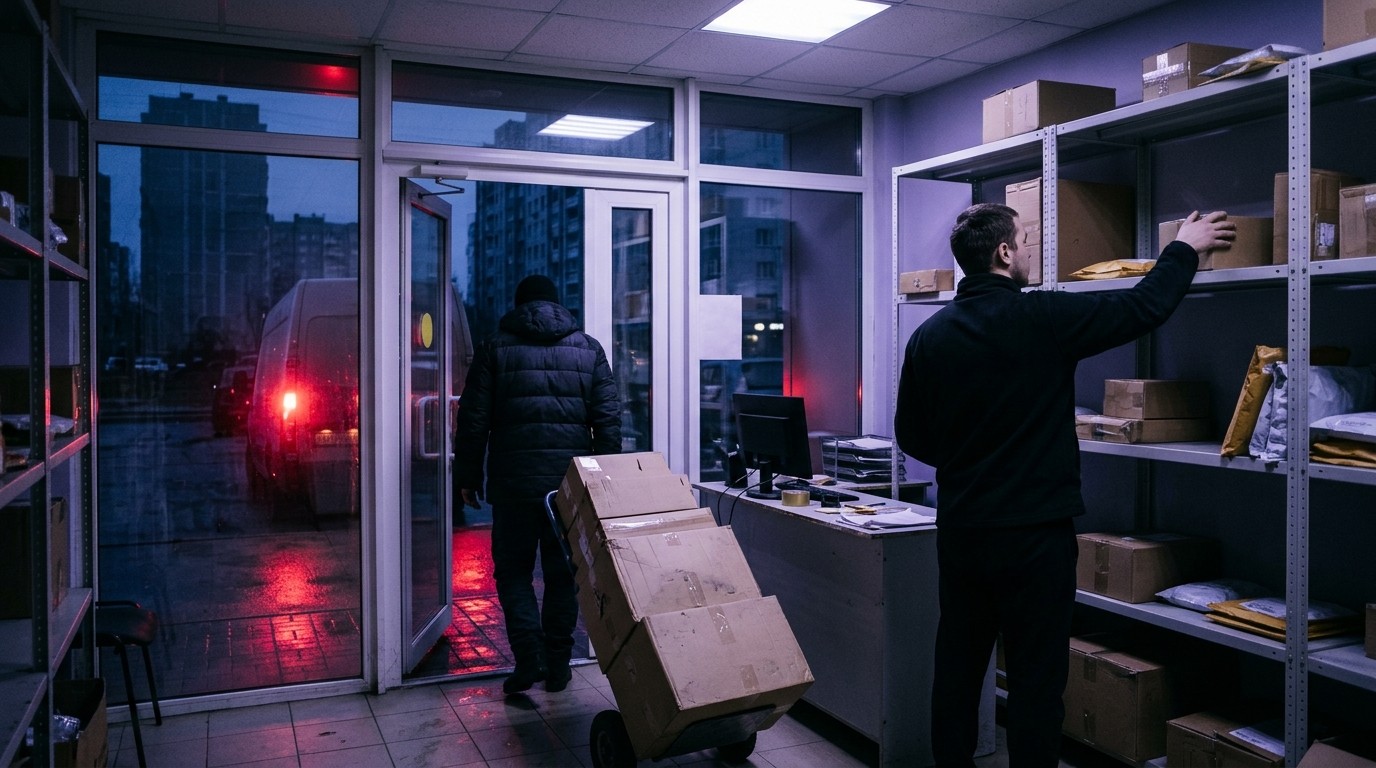 Утро в пункте выдачи заказов: водитель завозит тележку с коробками, сотрудник раскладывает товар на пустую полку