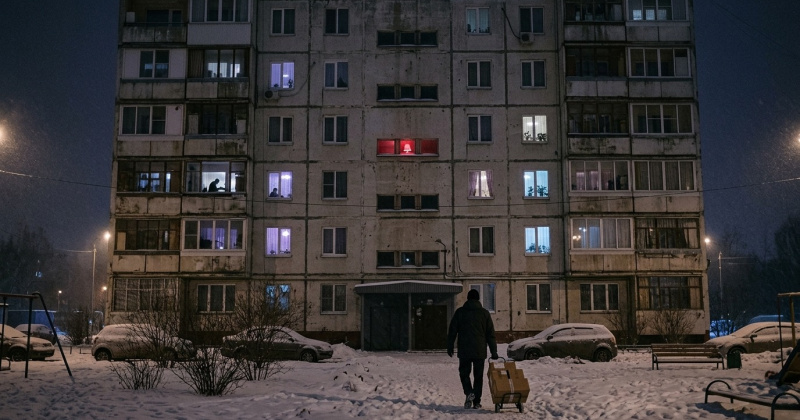 Ночной двор панельного дома зимой: в окнах разные люди, одно окно горит малиновым, курьер везёт коробки к подъезду