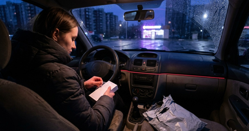 Девушка в машине у пункта выдачи снимает плёнку с коробки нового телефона