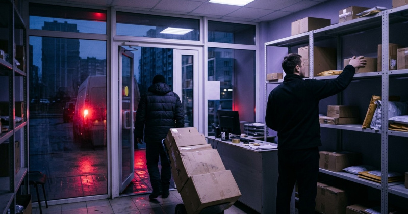 Утро в пункте выдачи заказов: водитель завозит тележку с коробками, сотрудник раскладывает товар на пустую полку